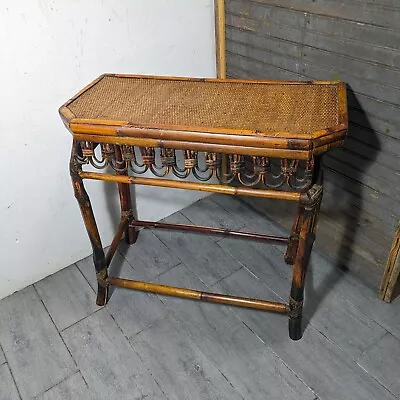 Vintage Boho Chic Asian Coastal Burnt Bamboo Woven Wicker Rattan Entry Table • $243