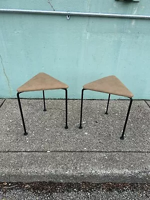 Mid Century Modern Modernist Iron Triangle Upholstered Stools Pair Stacking • $275