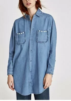 ZARA Oversized Chambray Denim Shirt Size S (M) Faux Pearl Embellished Pockets • £16.95