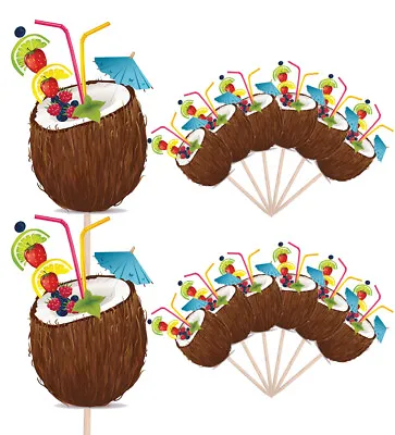 Coconut Hawaiian Party Food Cup Cake Picks Sticks Birthday Decorations Toppers • £5.99