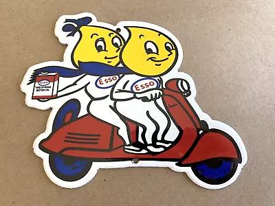 Vintage Esso Happy Motoring Moped Scooter Porcelain Sign Gas Oil Pump Station • $4.25