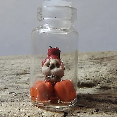 $23.20 • Buy Miniature Skull Pumpkins & Red Candle In Glass Jar Bottle Necklace Pendant Charm