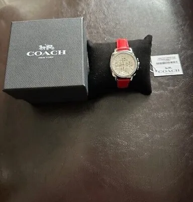 Coach  Boyfriend Silver Chronograph Dial Red Leather Band Women's Watch Nwb • $89