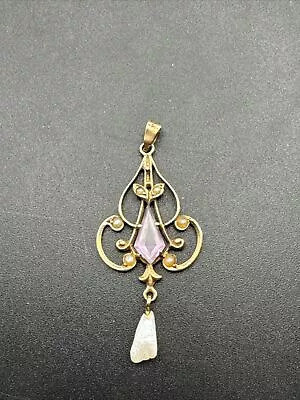 Antique 10K Yellow Gold Amethyst Mississippi Pearl Lavalier Drop Pendant • $195