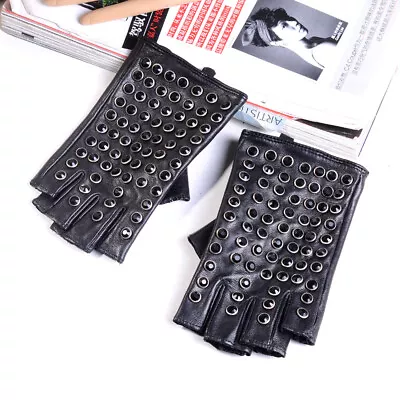 Women's Ladies Real Leather Fashion Semi-Finger Fingerless Rivet Mitts Gloves • $34.80