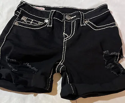 True Religion Black Jayde Big T Cut Off Stretch Distressed Short Size 25 Euc • $30