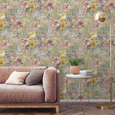 Grandeco Wildflowers Sage Green Floral Meadow Water Colour Wallpaper A61601 • £2.99