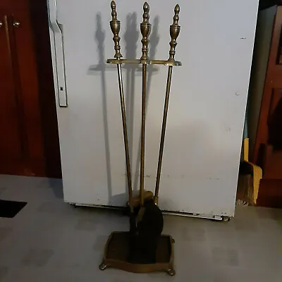 $139 • Buy Brass Fireplace Mantel Accessory Set Shovel Poke Broom & Stand Very Heavy 