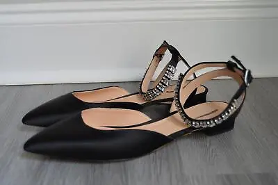 JCrew $198 Satin Jeweled Ankle-Strap Flats Sz 6.5 Black F8479 Shoes Jewels • $99