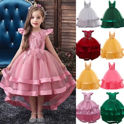 Girls Flower Lace Bow Princess Dress Kids Wedding Bridesmaid Party Prom Gown • £13.59