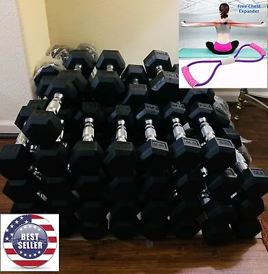 Wholesale - Pair Of Rubber Hex Dumbbell 5-40 Lbs - FREE Chest Expander • $38