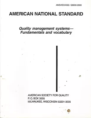 Ansi Iso Asq Q9000-2000 American National Standard - Quality Management Systems • $18.99
