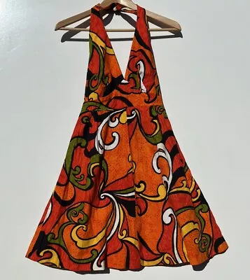 VTG 60s Hukilau Fashions Sz 10 Hawaiian Halter Midi Dress Tie Behind Neck Orange • $74.95