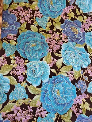 Sewing Fabric Hi-Fashion Aqua & Blue Cabbage Roses Black Gold Mettalic 1ydx45  • $7.47