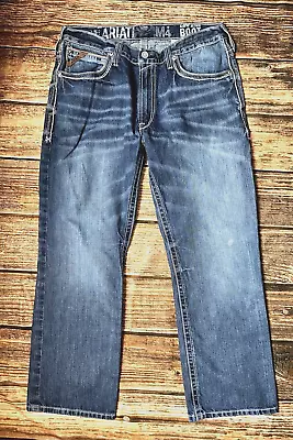 Ariat Men’s M4 Jeans Low Rise Boot Cut Leather Trim On Back Pockets Sz 36x30 • $29.99