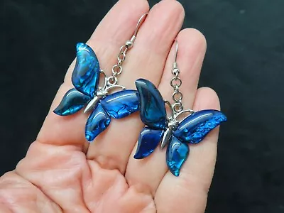 Vintage Silver Tone Iridescent Blue Butterfly Pierced Earrings • $13.49