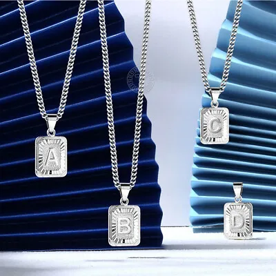 Silver Initial Letters A-Z Charm Pendant Necklace 3mm 16-24  Curb Chain Choker • $8.19