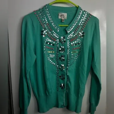 Milly Of New York Green Sequin Cardigan Sz L Button Front • $34.99