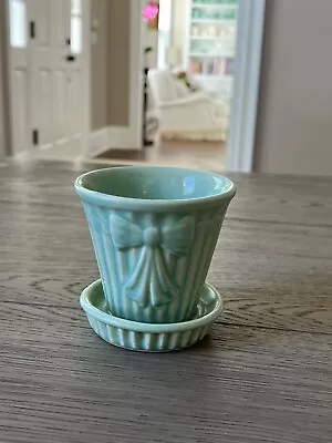 Vintage 1940's 3.25  Shawnee Pottery Green  Blue Bow Flower Pot USA  *NO ISSUES* • $29