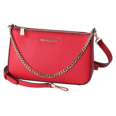 Michael Kors Jet Set Travel Medium Zip Pouchette Crossbody Bright Red Leather • $65