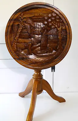 $599 • Buy Hand Carved Tilt Top Table / Single Mahogany Carving Decorative Accent Flip