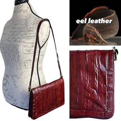 Vtg Red Wine Exotic EEL Skin LEATHER Compartments Small Shoulder Crossbody Purse • $28.98
