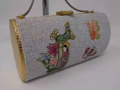 Vintage Beaded Embroidered Hard Shell Clutch Purse Handbag Asian Butterflies • $59.49