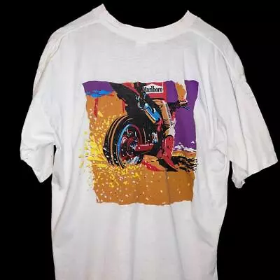 VTG 90s Marlboro Cigarette Promo Pocket Motocross Dirt Bike Graphic T Shirt XL • $28.49