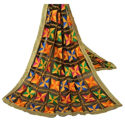 Sanskriti Vintage Black Dupatta Embroidered Chiffon Silk Bagh Phulkari Stole • $64.99