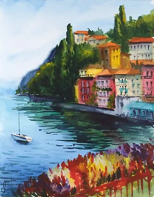 Varenna Lake Como Painting Italy Original Wall Art Bellagio Watercolor Artwork • £41.57