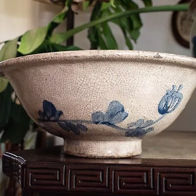 Antique Vietnamese Bowl 18th Century Faience Crackle Glaze Poppies • $175