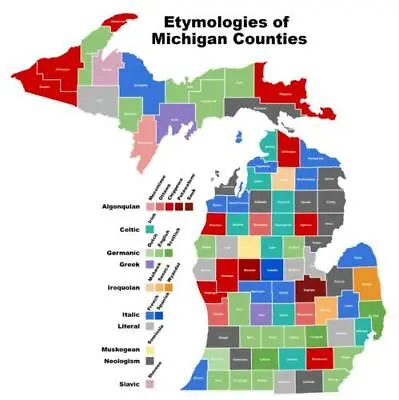 MICHIGAN STATE COUNTY MAP GLOSSY POSTER PICTURE PHOTO BANNER Etymologies 3356 • $44.99