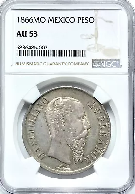 Mexico 1 Peso Mo 1866 Maximilian Empire NGC AU53 KM# 388.1 Nice Luster • $900