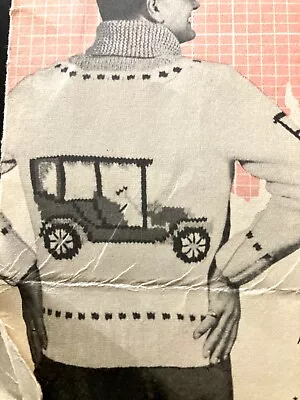 ANTIQUE AUTOS MEN'S ZIP CARDIGAN JACKET MARY MAXIM KNITTING PATTERN Sizes 38-44 • $10.84