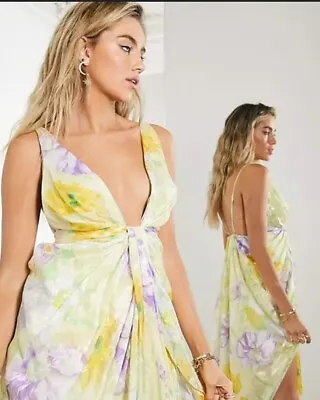 Asos Edition Yellow Floral Cami Plunge Backless Midi Dress Size UK 18 RRP £120 • £32.99