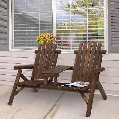 Wood Patio Chair Bench 2 Seats W/ Center Coffee Table Garden Bench Carbonized • £103.99