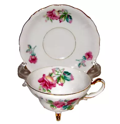 UCAGCO China 3 Leg Tea Cup And Saucer Set Pink Flower Roses Gold Trim - Japan • $26.99