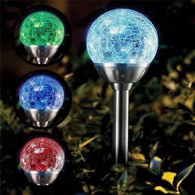 4 Crackle Ball  Glass Garden Stake LED Lights Solar Powered • £15.99