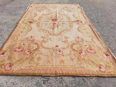 Vintage French Needle Point Handmade Floral Beige Wool Rug Carpet 139x84cm • £225