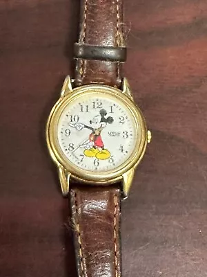 Vintage Lorus Mickey Mouse Watch V501-6N70 Disney Quartz 26mm Brown Leather Band • $13