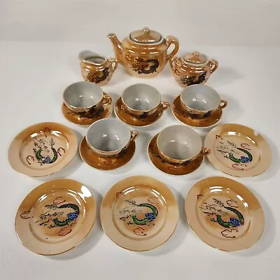 Vintage 13 Piece Childs Tea Set Orange Lusterware Japan Dragon • $32.95