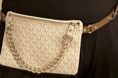 Michael Kors Belt Bag White MK  W/Gold Chain Brown Leather Adjustable Strap Y2K • $28.98