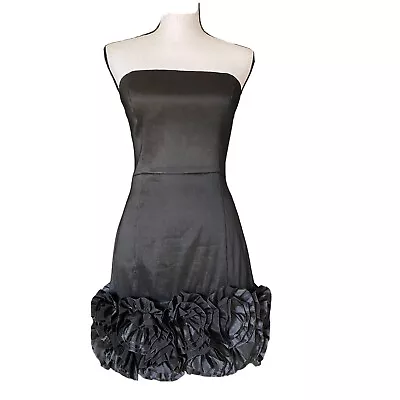 Vntg Masquerade Strapless Mini Dress Jr’s 9/10 Black 3D Roses Satin Party Prom • $28