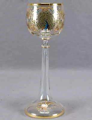 Bohemian Moser Type Enameled Peackcock Art Nouveau Grapes Raised Gold Wine Glass • $1195