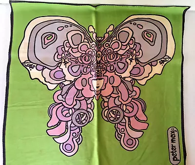 Peter Max Vtg 1970s Butterfly Faces 21  Square Scarf Psychedelic HTF Green Color • $149