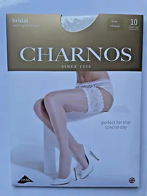 Charnos Bridal Deep Lace Top Hold Up Stockings COLOUR IVORY Wedding Size MEDIUM • £10