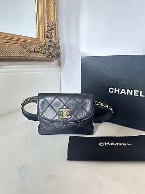 Chanel Black CC Quilted Leather Classic Flap 24k Gold Belt Bag Authentic Vintage • £1899