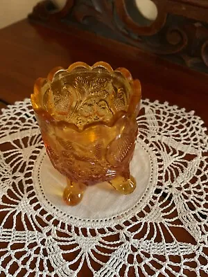Vintage Kanawaha Amber Glass Footed Toothpick Holder Inverted Strawberry Glows • $10.95