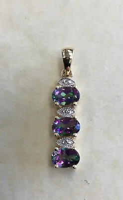 Beautiful 14K Solid Yellow Gold MYSTIC TOPAZ & DIAMOND Bar Pendant 1  Long 2.2g • $129.95