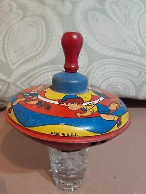 Vintage Ohio-Art (1950's -60's) 5” Tin Litho Spinning Top W/Wooden Handle -Works • $10